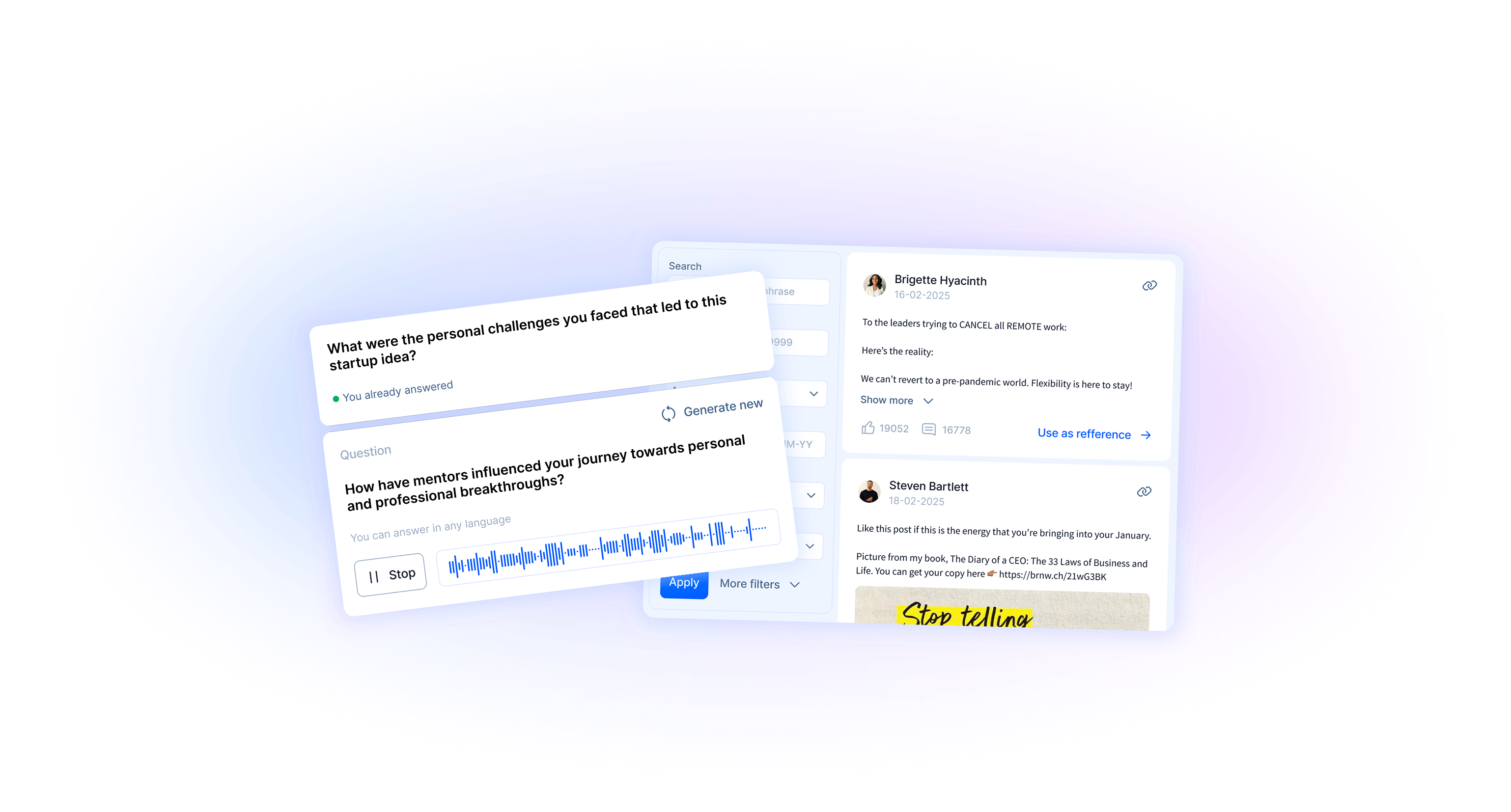 2PR.io Interface - AI Interview and LinkedIn Posts